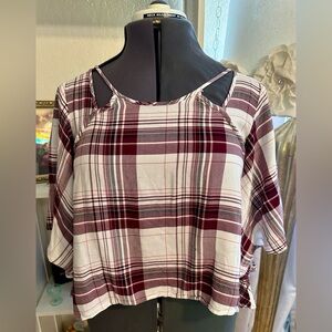 Copper Key Burgundy & White Plaid Cropped Hi Lo Cutouts Bell Sleeve SZ XS